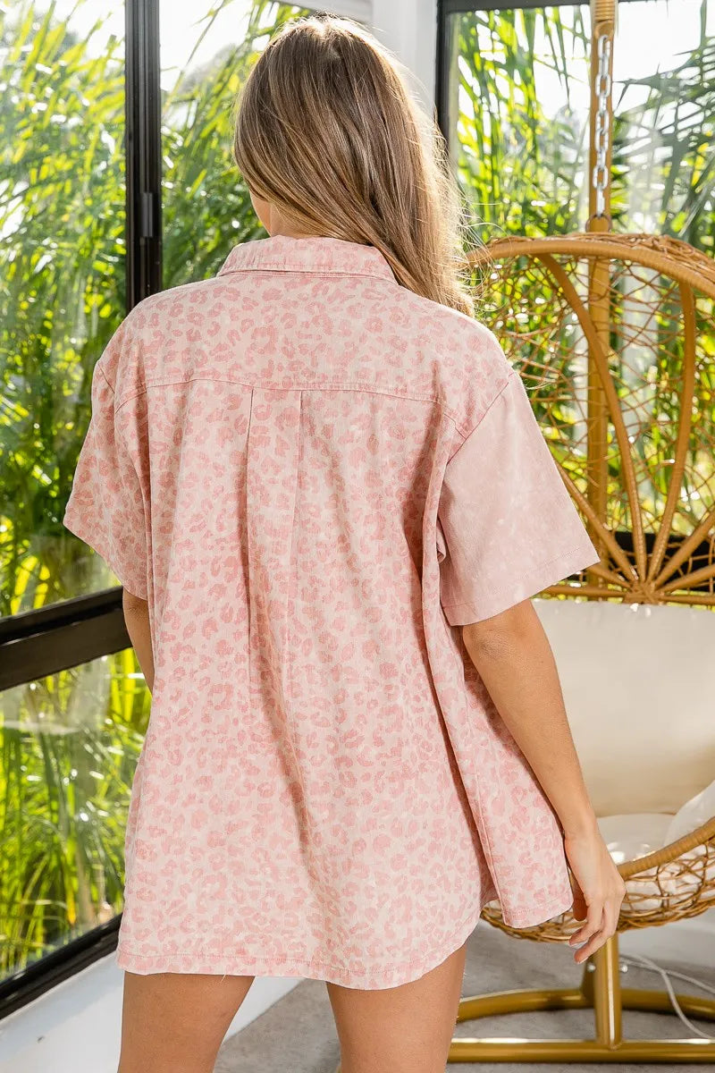 BiBi Mineral Washed Leopard Print Short Sleeve Shirt - Velora Luxury Fashion