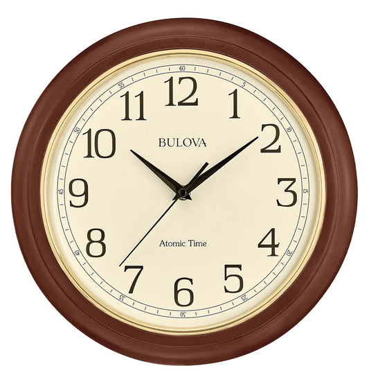Bulova Atomic Time 2 Analog Wall Clock C5004 | 12.4" Wooden Frame Sets Time Automatically | Quartz Movement | Battery Operated | Classic Design - Velora Luxury Fashion