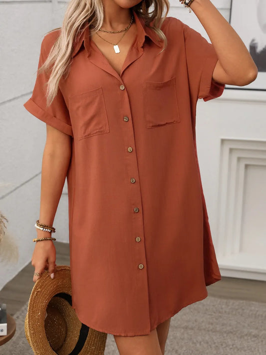 Button Down Short Sleeve Mini Dress - Velora Luxury Fashion