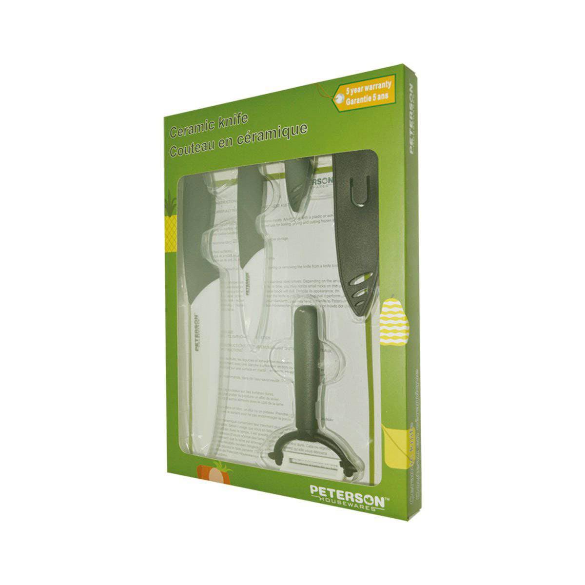 CERAMIC KNIFE SET, 5 PIECES (3", 6", Peeler + 2 Sheaths. ColorBox w/PVC Tray - Velora Luxury Fashion