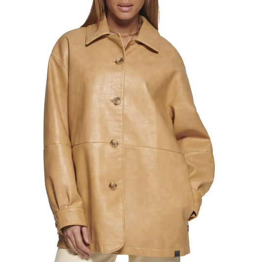 Chic Faux Leather Tan Blazer - Women's Relaxed Fit - Velora Luxury Fashion