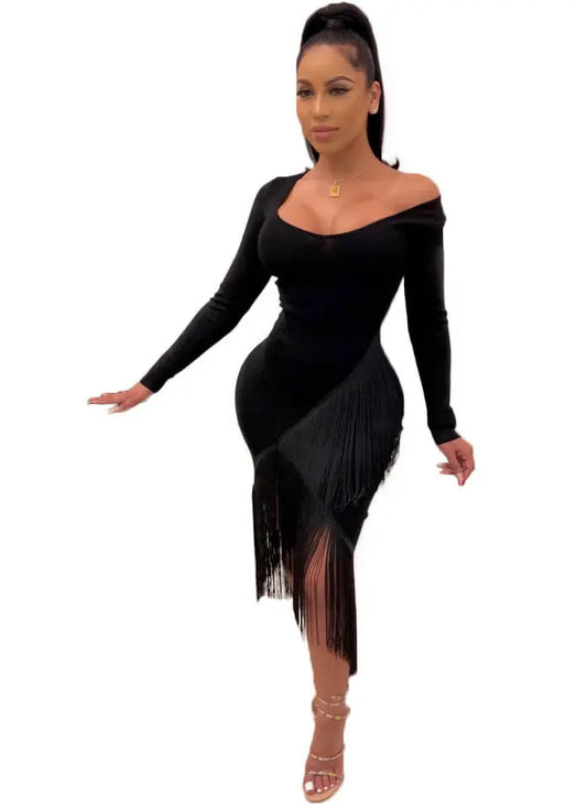 Chic Long Sleeve Tassel Fringed Bodycon Dress