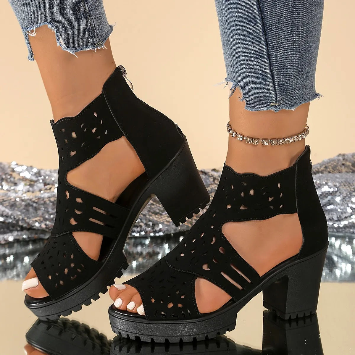 Cutout Block Heels Sandals - Velora Luxury Fashion