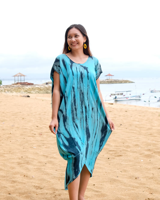 Abstract Tie Dye Design Kaftan Dress - Blue & Grey
