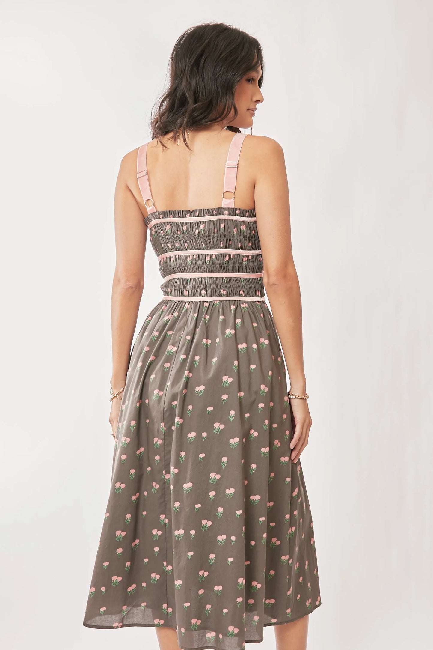 Davi & Dani Contrast Velvet Tape Smocking Bodice Midi Dress - Velora Luxury Fashion