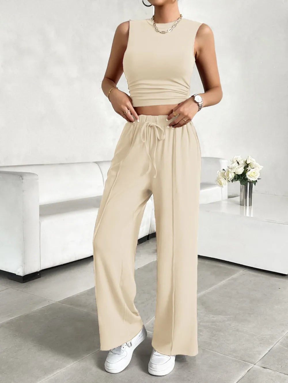 Devine Mock Neck Sleeveless Top and Drawstring Pants Set - Velora Luxury Fashion