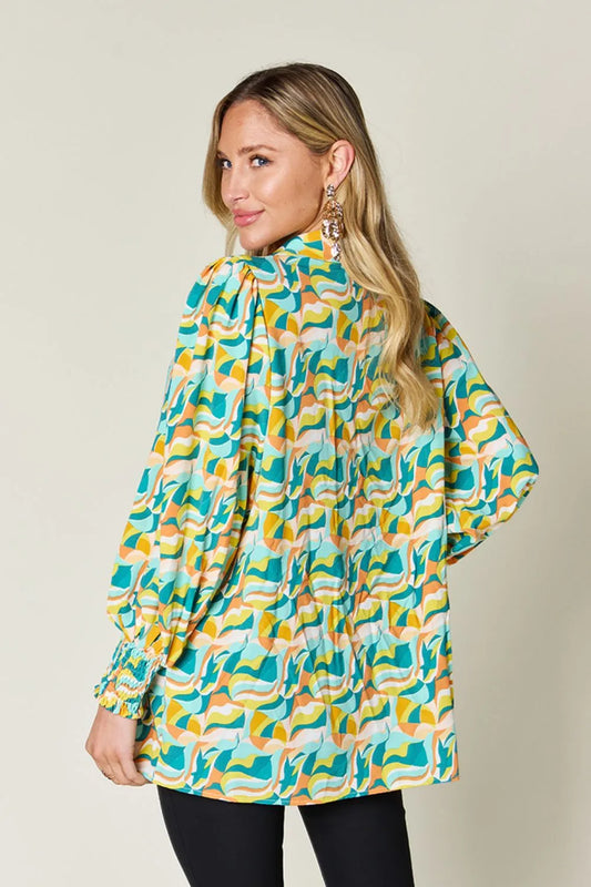 Double Take Full Size Printed Smocked Long Sleeve Blouse - Velora Luxury Fashion