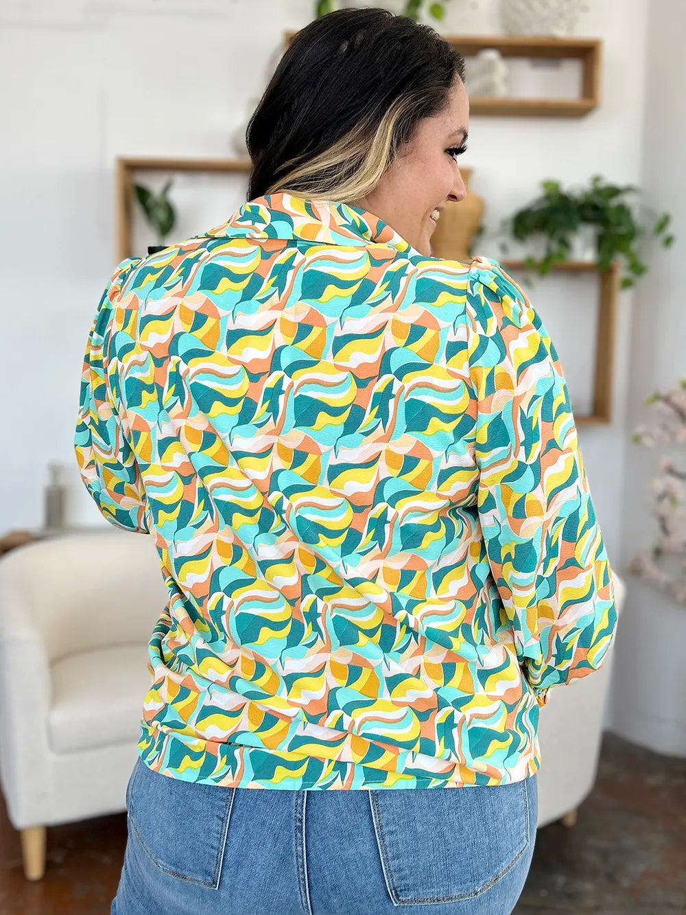 Double Take Full Size Printed Smocked Long Sleeve Blouse - Velora Luxury Fashion