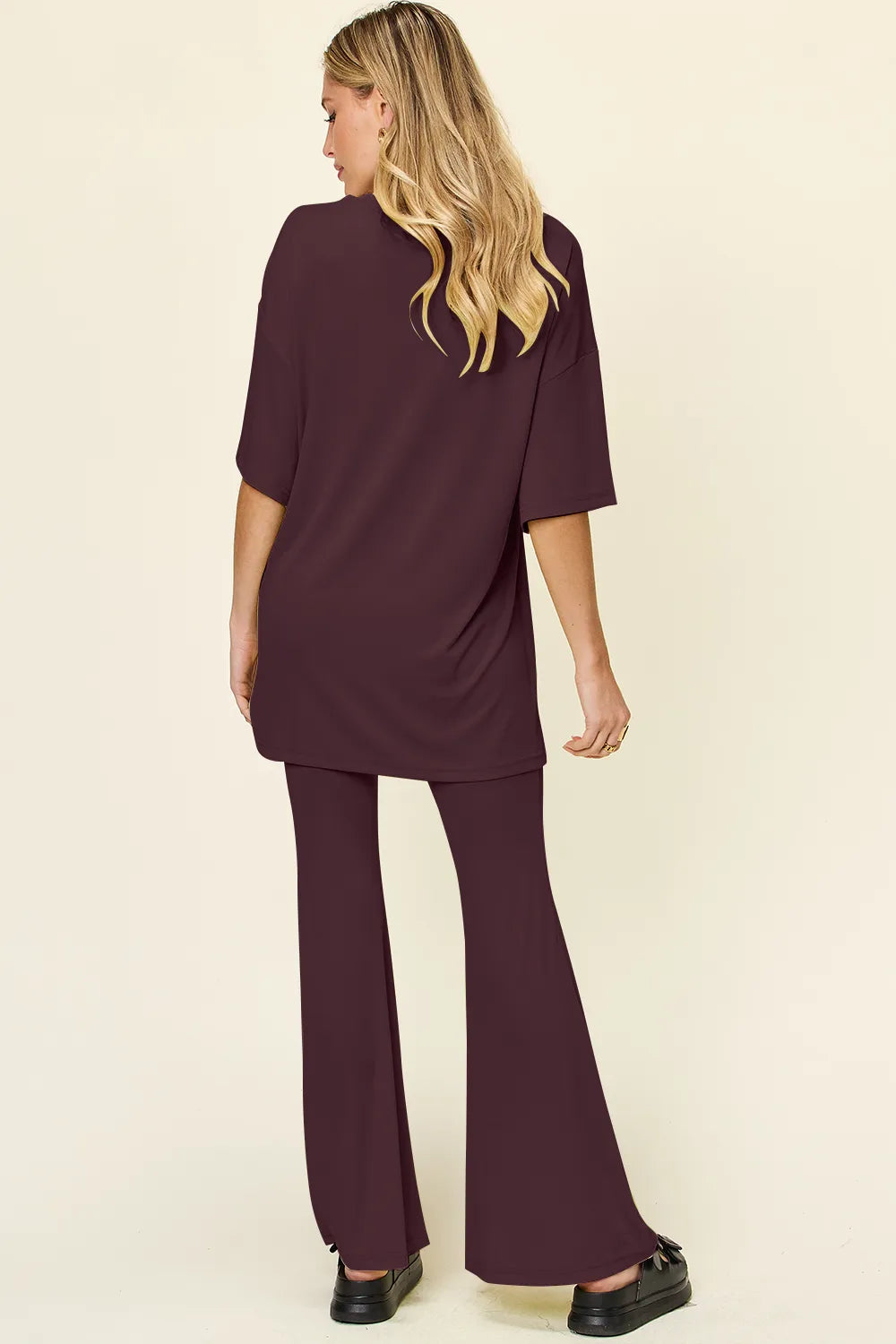 Double Take Full Size Round Neck Drop Shoulder T-Shirt and Flare Pants Set - Velora Luxury Fashion