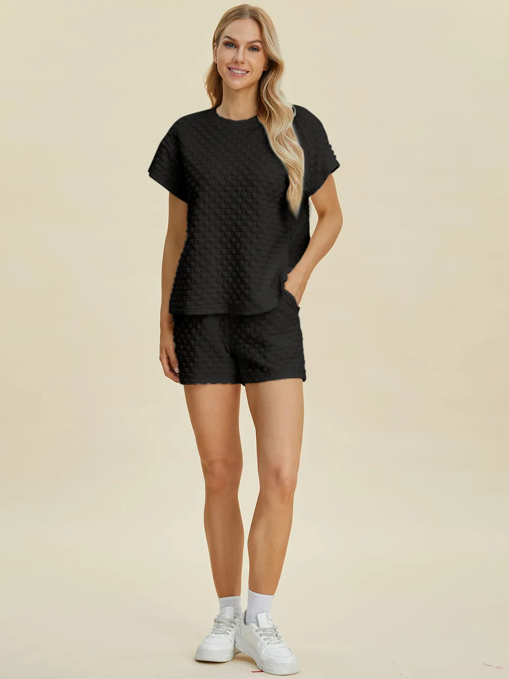Double Take Full Size Texture T-Shirt and Shorts Set - Velora Luxury Fashion