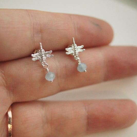 Dragonfly and Aquamarine Silver Earrings