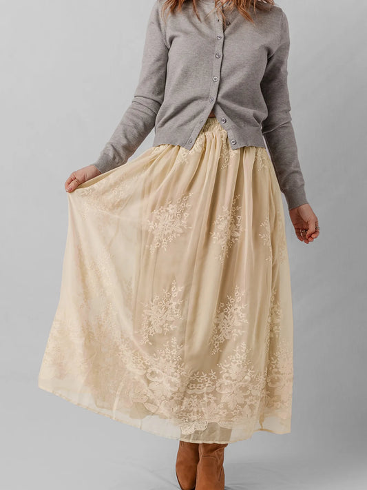 Embroidered Mesh Overlay Flowy Midi Skirt - Velora Luxury Fashion