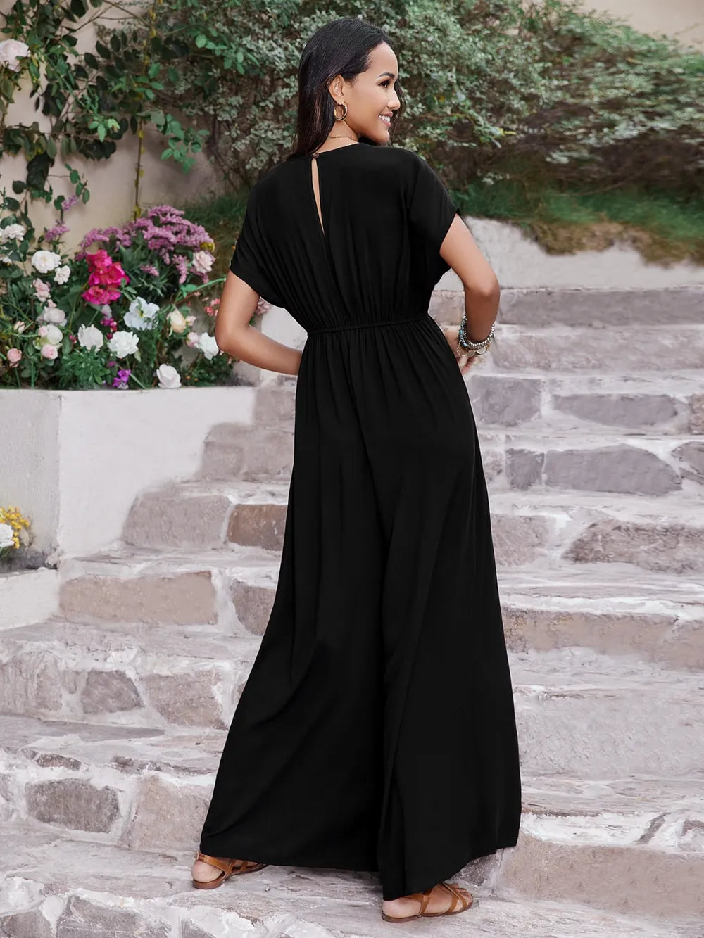 Embroidered Ruched Short Sleeve Jumpsuit - Velora Luxury Fashion