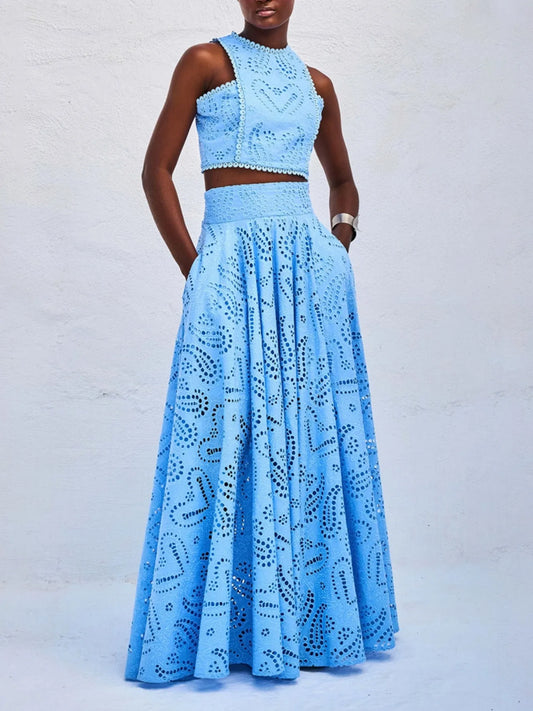 Eyelet Lace Top and Maxi Skirt Set - Velora Luxury Fashion