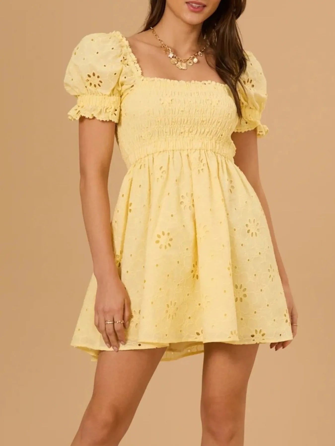 Eyelet Puff Sleeve Smocked Mini Dress - Velora Luxury Fashion