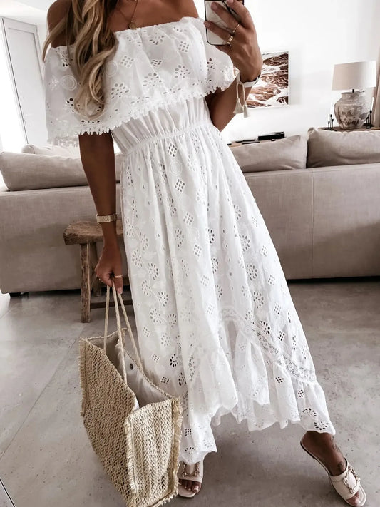 Eyelet Ruffled Hem Off-Shoulder Dress - Velora Luxury Fashion