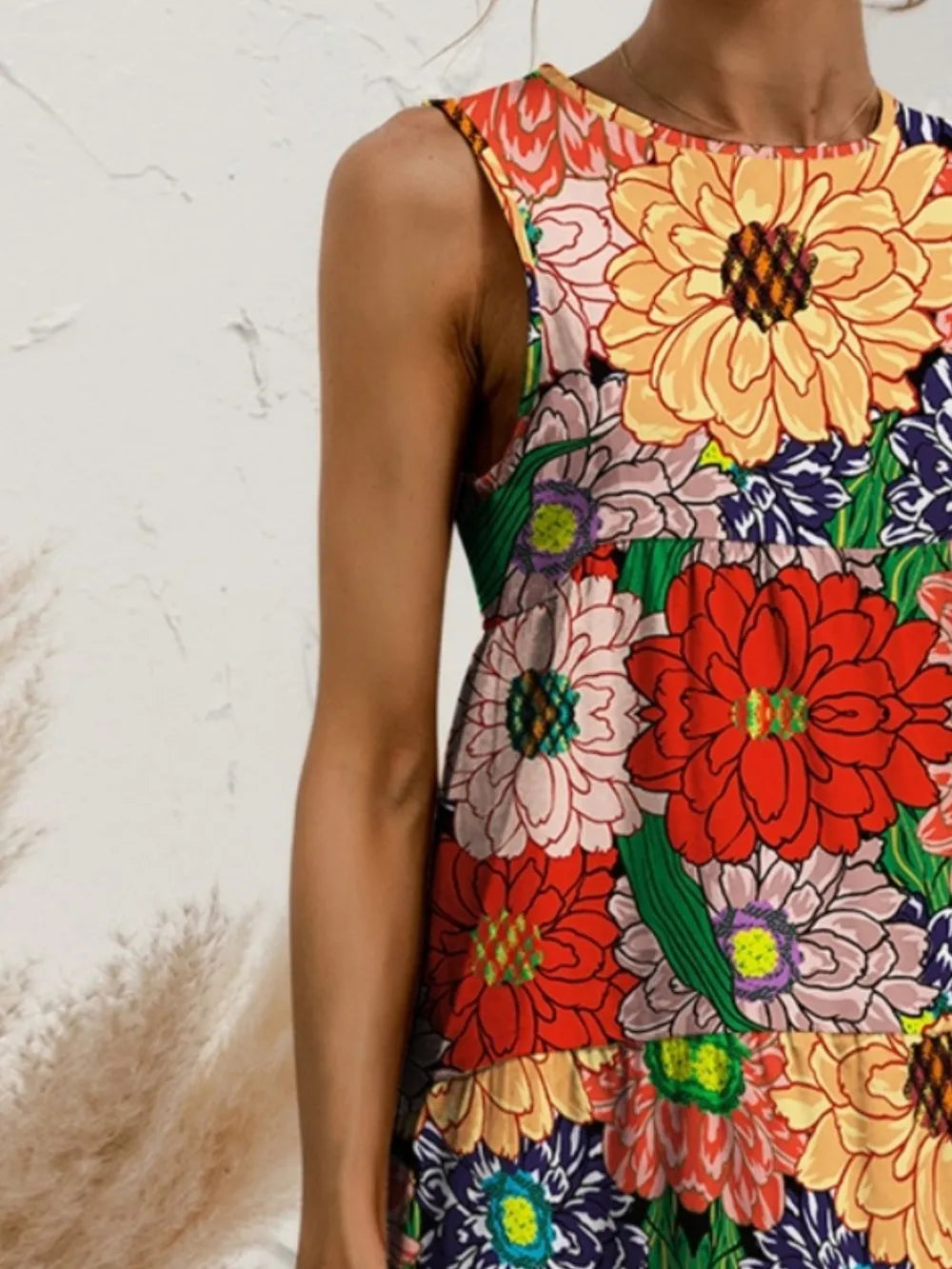 FAM-FAM Tiered Printed Round Neck Sleeveless Dress - Velora Luxury Fashion