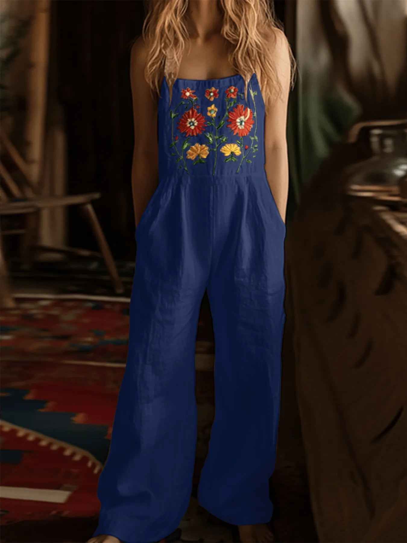 Floral Embroidered Wide Leg Jumpsuit - Velora Luxury Fashion