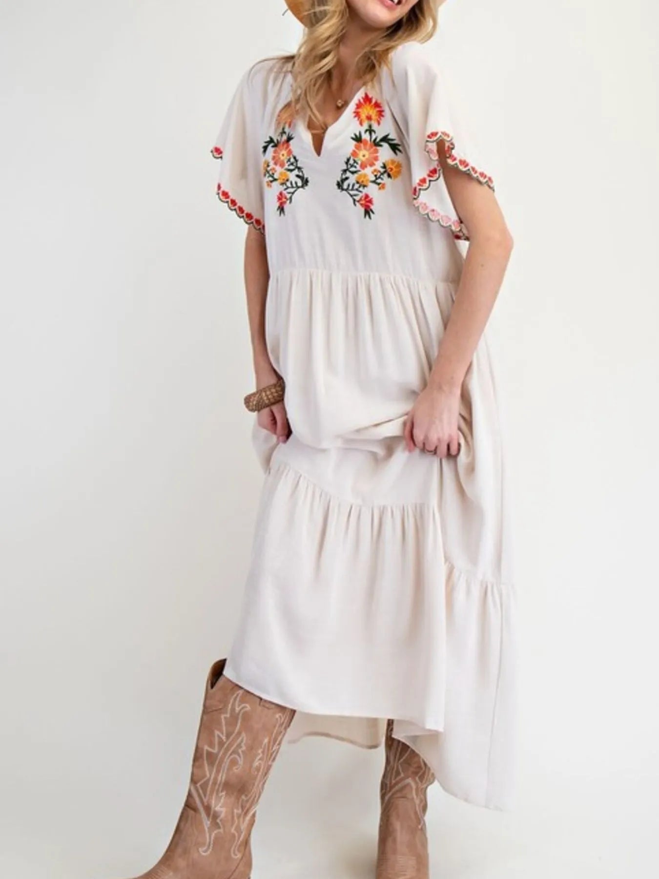 Floral Notched Flutter Sleeve Dress - Velora Luxury Fashion