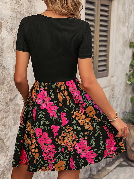 Floral Print Short Sleeve Mini Dress - Velora Luxury Fashion