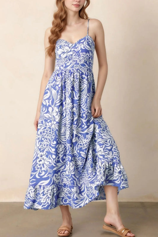 Floral Print Spaghetti Strap High Waist Dress - Velora Luxury Fashion