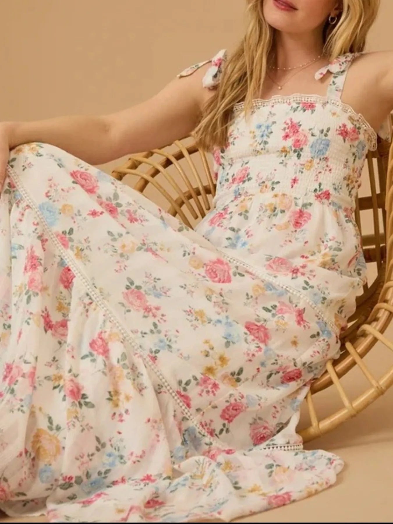 Floral Smocked Tiered Maxi Dress with Tie Straps - Velora Luxury Fashion