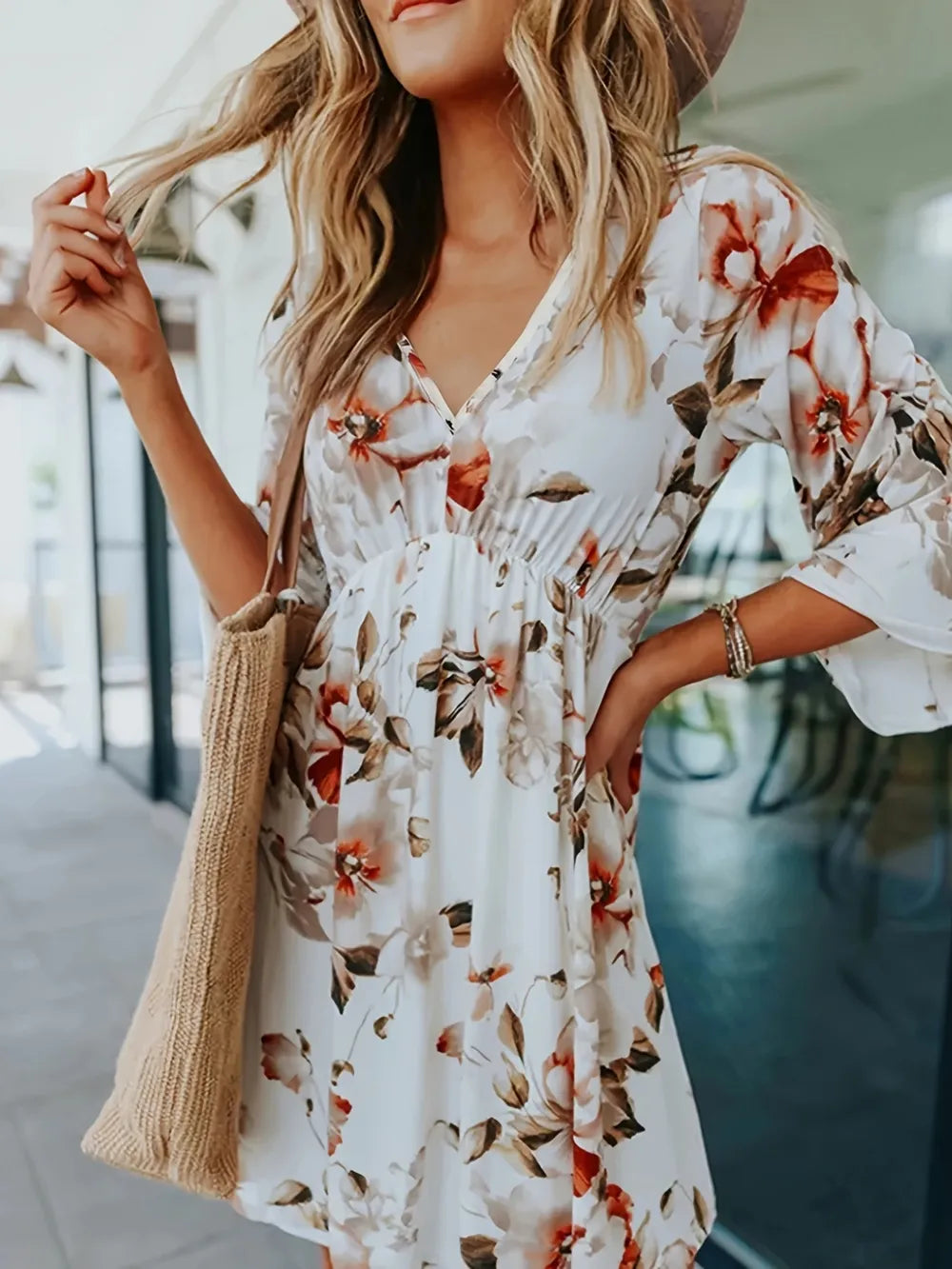 Floral V-Neck Three-Quarter Sleeve Mini Dress - Velora Luxury Fashion