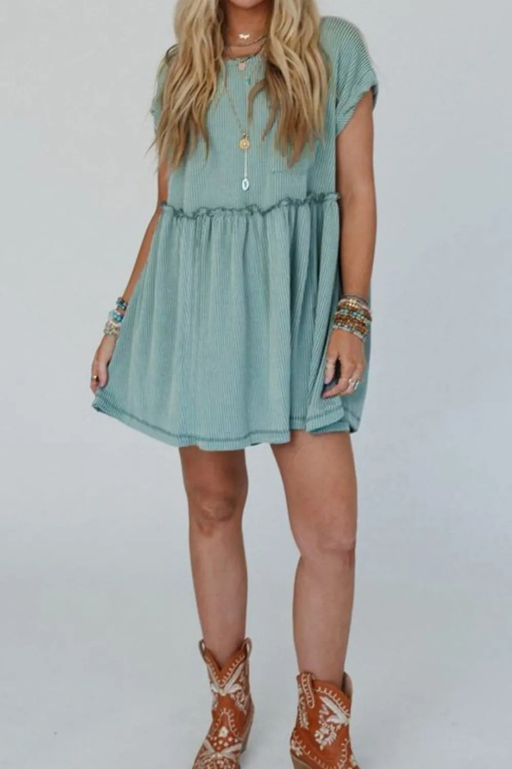 Frill Round Neck Cap Sleeve Mini Dress - Velora Luxury Fashion