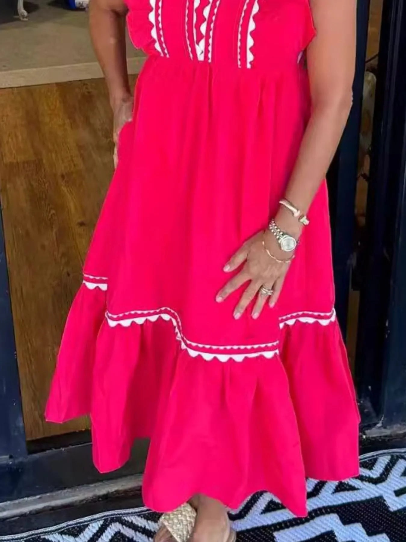 Full Size Contrast Trim Ruffled Cap Sleeve Dress Plus Size - Velora Luxury Fashion