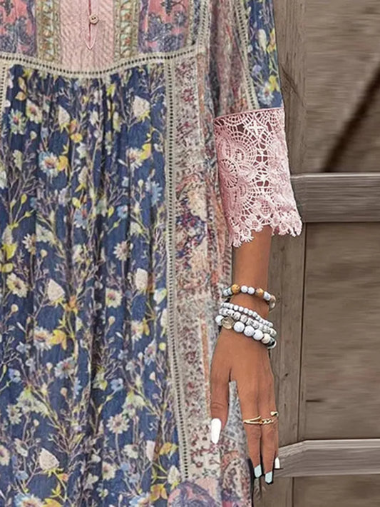 Full Size Lace Detail Printed Three-Quarter Sleeve Dress - Velora Luxury Fashion