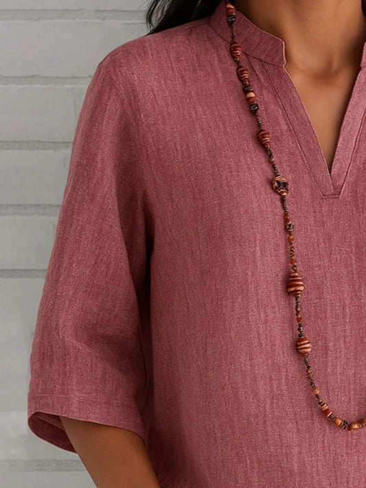 Full Size Notched Three-Quarter Sleeves Blouse Plus Size - Velora Luxury Fashion