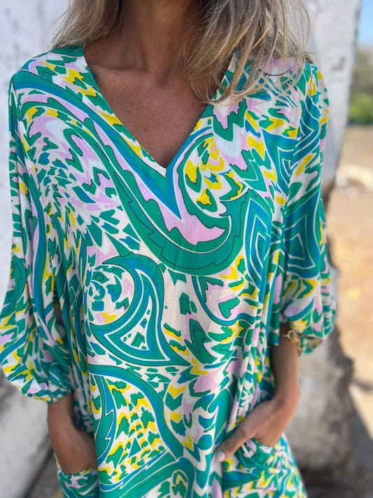 Full Size Printed V-Neck Dress with Pockets Plus Size - Velora Luxury Fashion