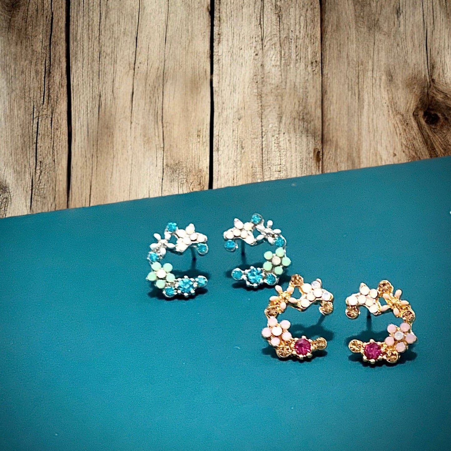 Crescent Bloom Stud Earrings – Floral Halo Design - Sparkle - Velora