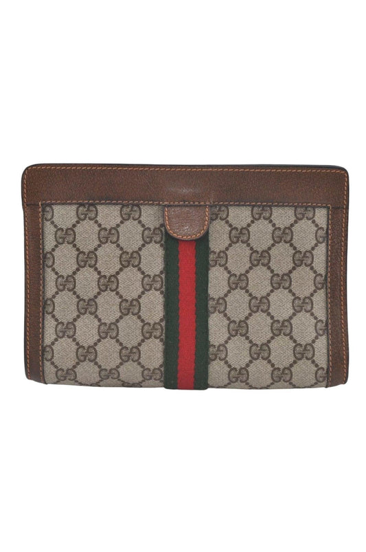 GUCCI Web Sherry Line Clutch Hand Bag Purse GG PVC Leather Brown 8044K - Velora Luxury Fashion