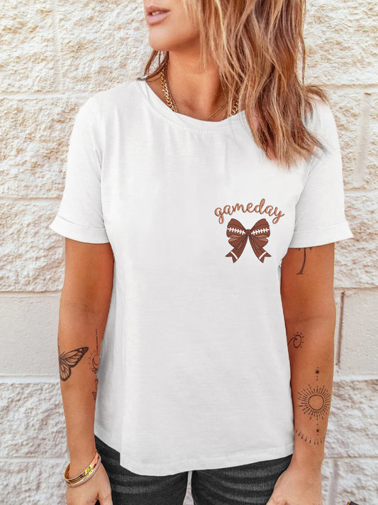 Game Day Bowknot Embroidered Casual Tee - Velora Luxury Fashion
