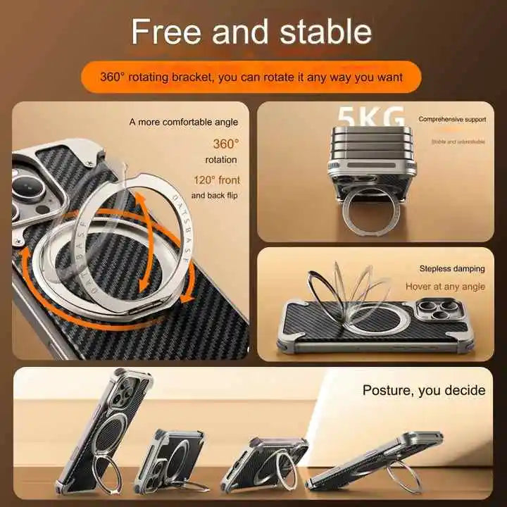 Hot Aluminum Alloy Carbon Fiber Metal Case for iPhone 16 Pro Max With 360 Magnetic Invisible Ring Stand Cover for iPhone 16 Pro - Velora