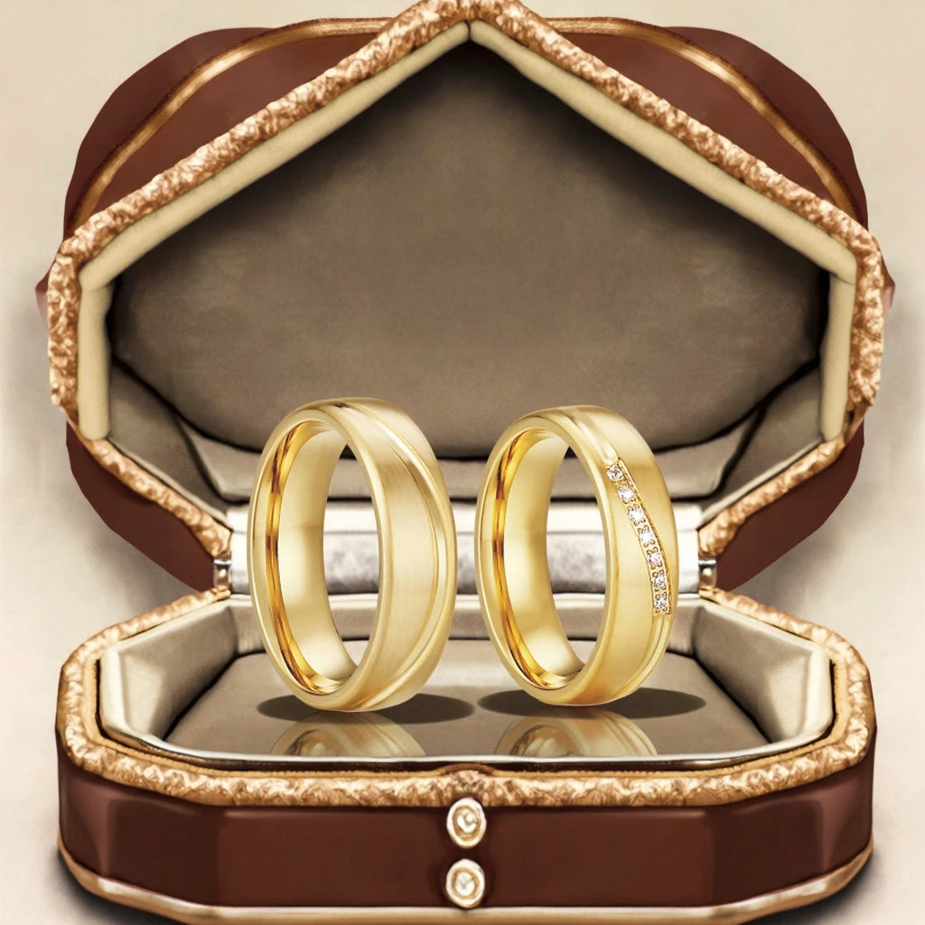 Pure Handmade Hammered 18K Gold Plated Wedding Rings Men & Women Stainless Steel Jewelry for Couples Valentine's Day Gifts - Velora