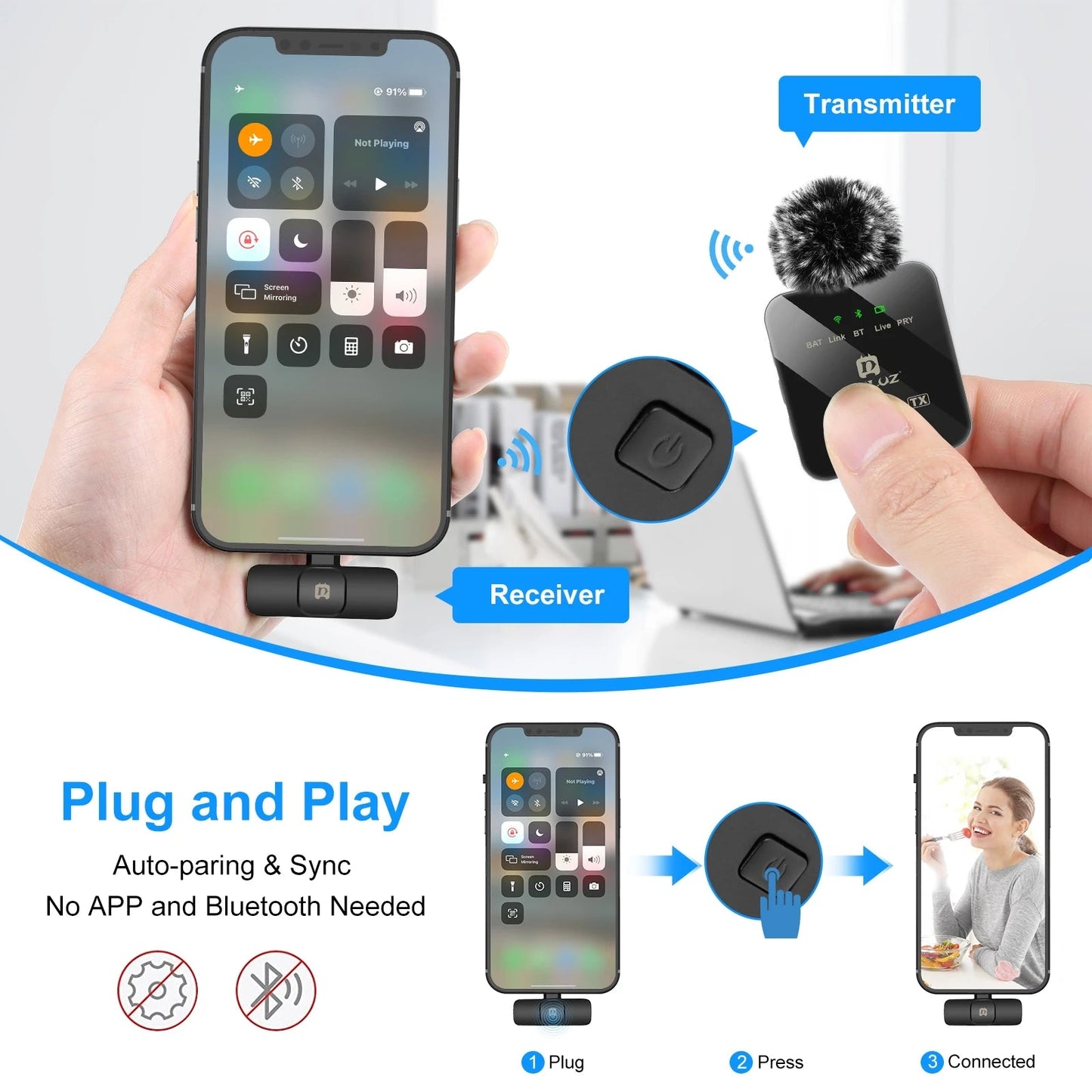 New Sell PULUZ Wireless Lavalier Microphone Dual Microphones for iPhone / iPad / 8-Pin Receiver - Velora