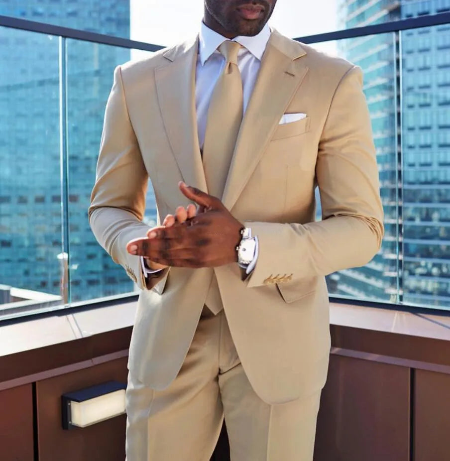 Fashion Beige Blue One Button Wedding Tuxedos Groom Men Suits Groomsmen Formal Suits (Jacket+Pants+Tie) costume homme terno - Velora