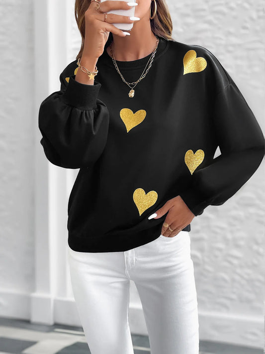 Heart Print Long Sleeve Sweatshirt - Velora Luxury Fashion