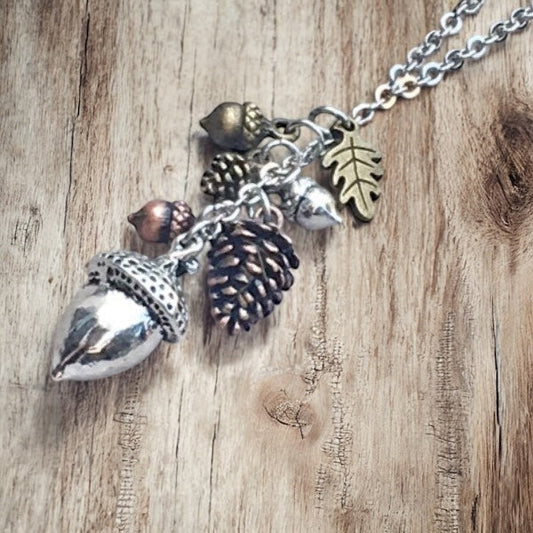 Acorn & Pinecone Necklace – Fall Woodland Pendant Gift - Velora