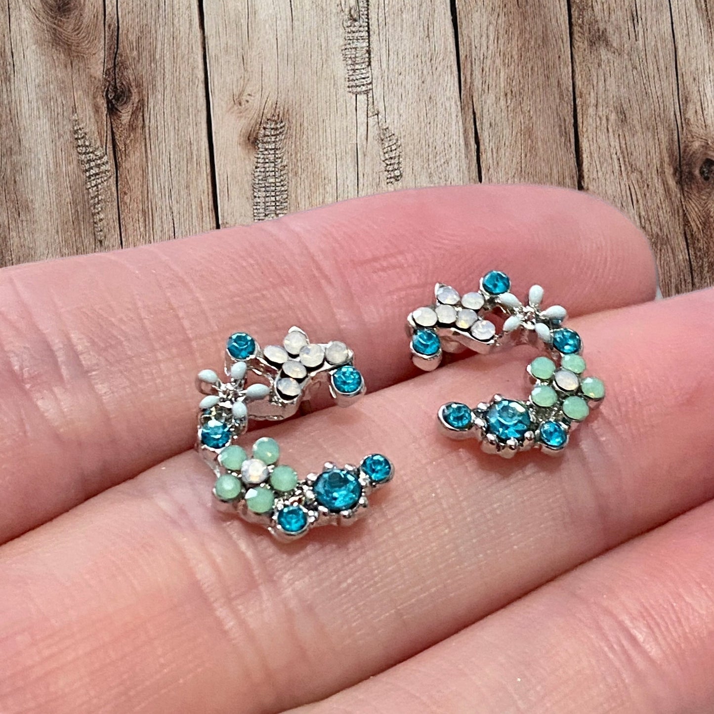 Crescent Bloom Stud Earrings – Floral Halo Design - Sparkle - Velora