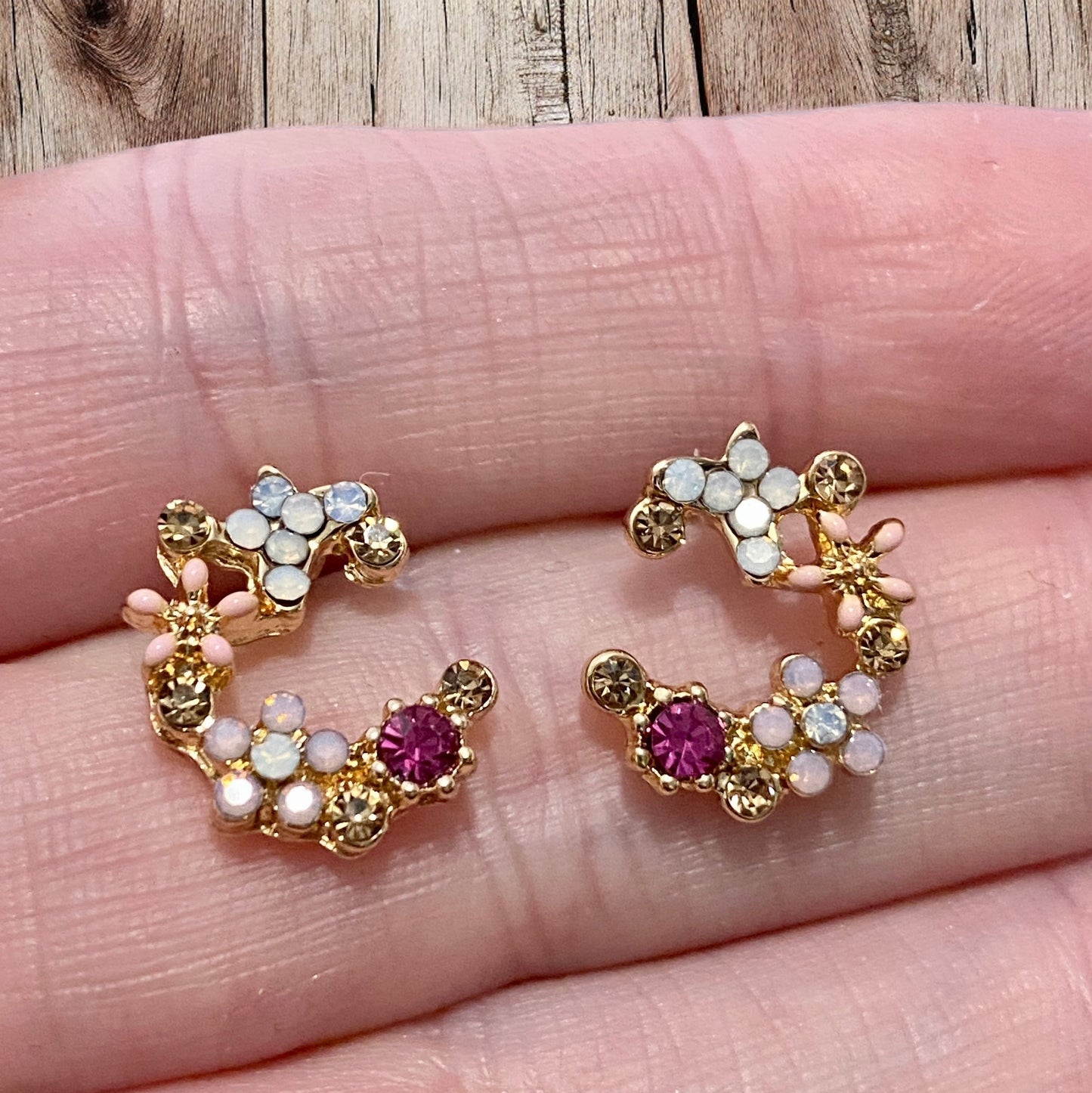 Crescent Bloom Stud Earrings – Floral Halo Design - Sparkle - Velora