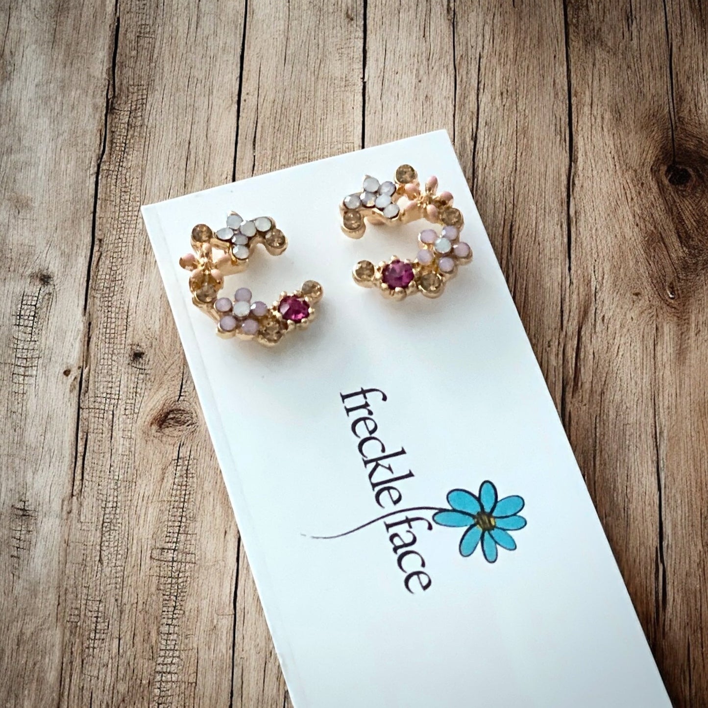 Crescent Bloom Stud Earrings – Floral Halo Design - Sparkle - Velora