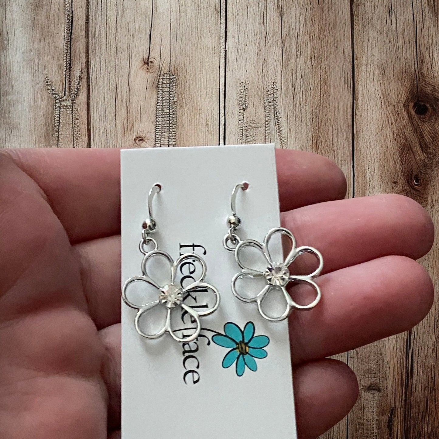 Cutie Patootie Flower Earrings – Silver Floral Dangles with Rhinestone Center - Velora