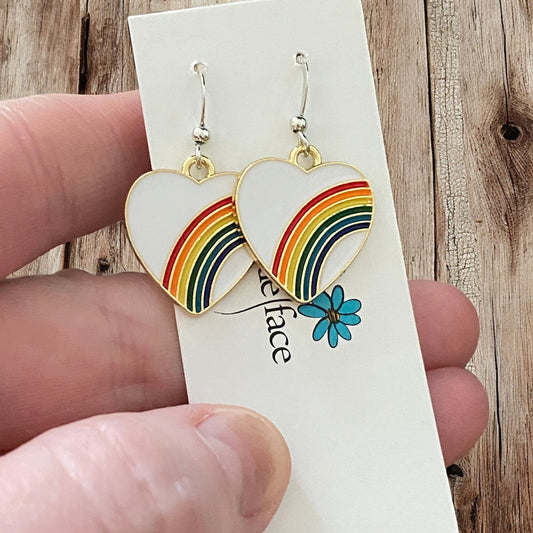 Rainbow Heart Hook Earrings – White Enamel & Multicolor Rainbow - Velora