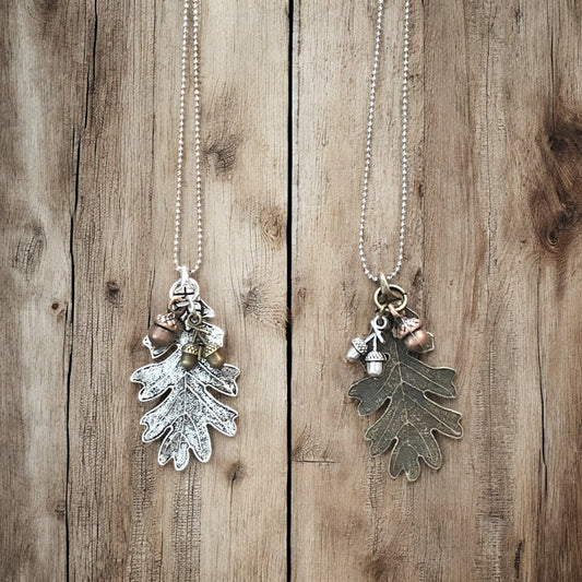 Oak Leaf & Acorn Necklace – Silver-Tone or Bronze-Tone Forest Pendant - Velora