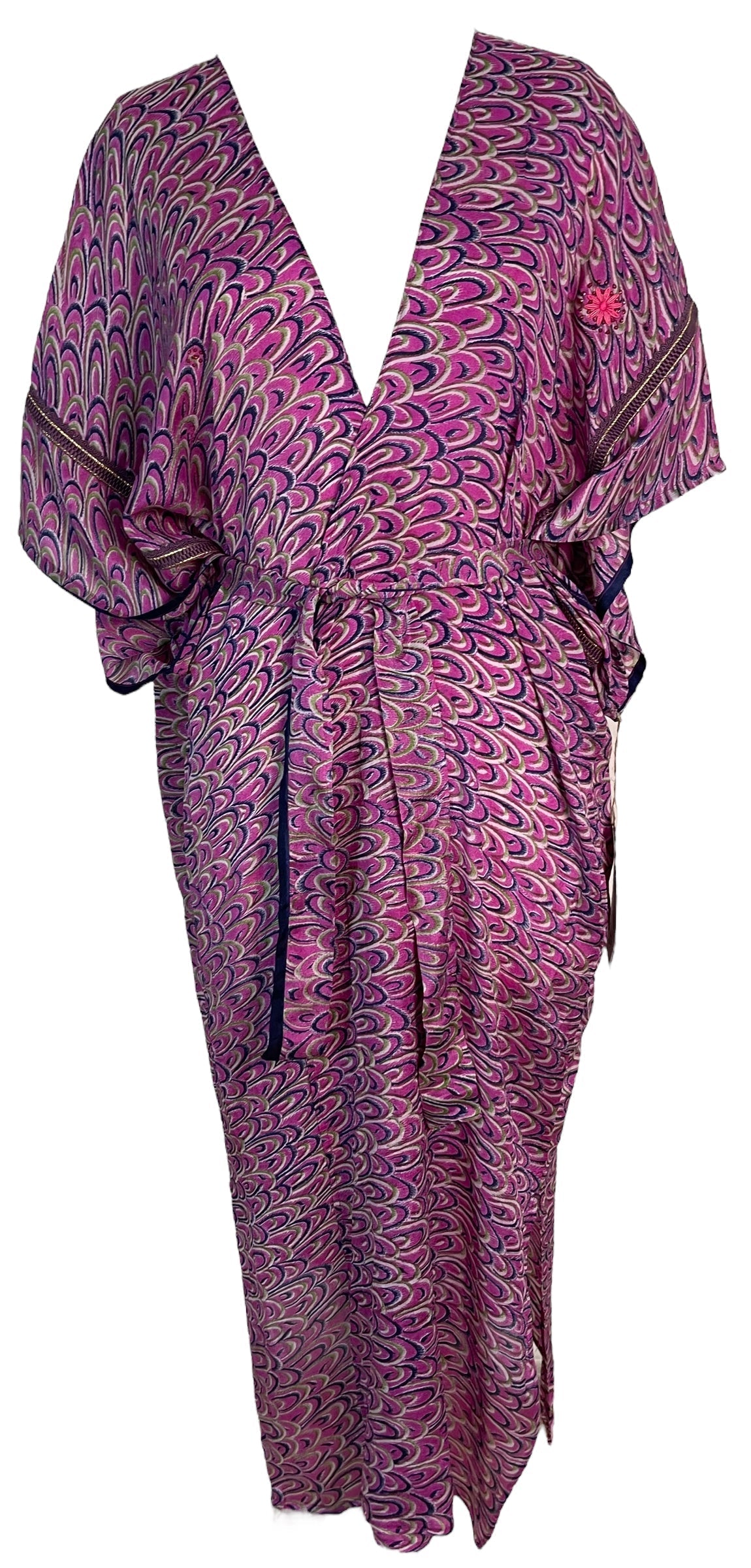 PRC6191 Avatar Long Pure Silk Kimono Sleeved Duster with Belt - Velora