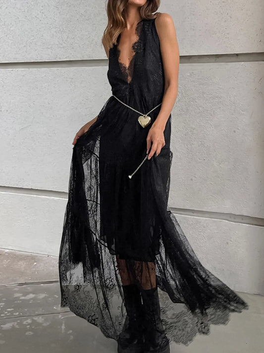 Lace Deep V-Neck Maxi Dress - Velora Luxury Fashion