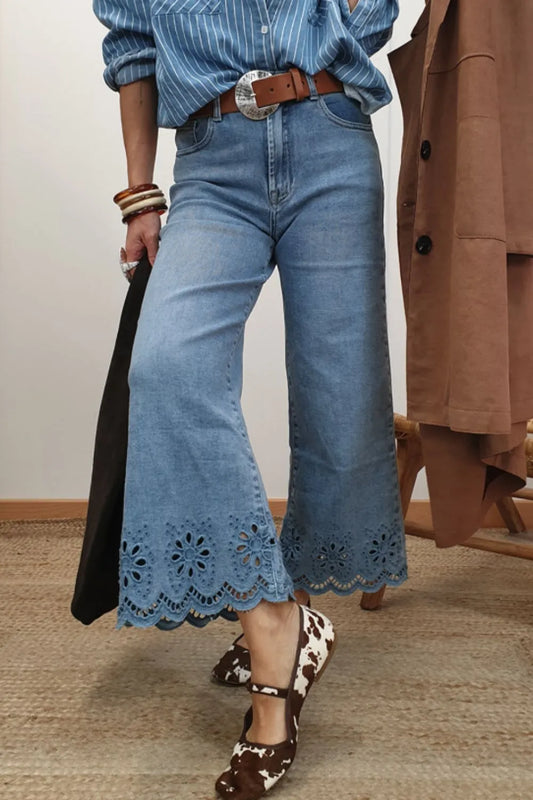 Lace Detail Cropped Wide Leg Jeans - Velora Luxury Fashion